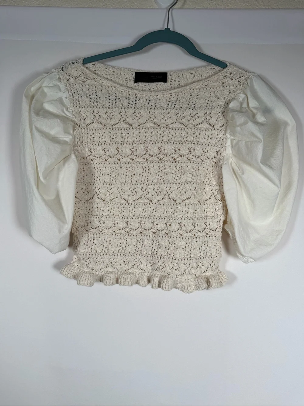 Zara Ivory Crochet Knit Top with Puff Sleeves Boho, Cottage, Romantic